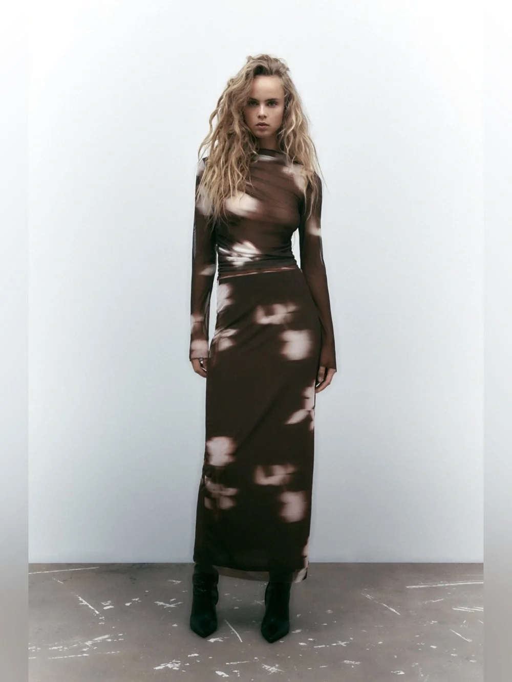 ZARA Set Brown Midi Skirt & Long Sleeve Sheer Top Size Medium